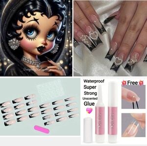 Black French White PolkaDot Three-dimensional Pearl, Love, Star Fake Nails 💅